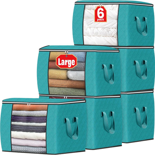Fab totes 24 Gallons Clothes Storage, Foldable Thick Fabric Blanket Storage Bags, Containers for Organizing Bedroom, Closet, Clothing, Comforter, Organization with Handle (6 Pack,Green)
