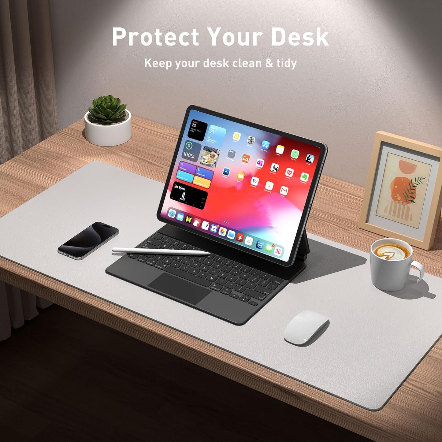 Aothia Large PU Leather Desk Pad Protector – Non-Slip Mouse Pad & Writing Mat for Office/Home, Waterproof, Easy to Clean (23.6" x 13.7", Pale Lavender White)