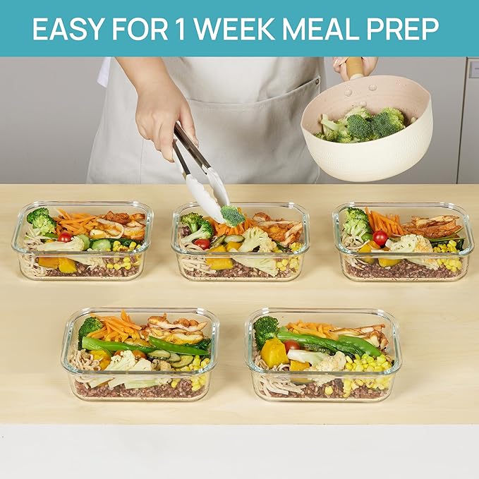 Vtopmart Glass Storage Containers with Lids, Meal Prep Food Container Sets, Lunch Box with Snap Airtight Lid for Microwave, Oven, Freezer and Dishwasher (5pack 36oz)