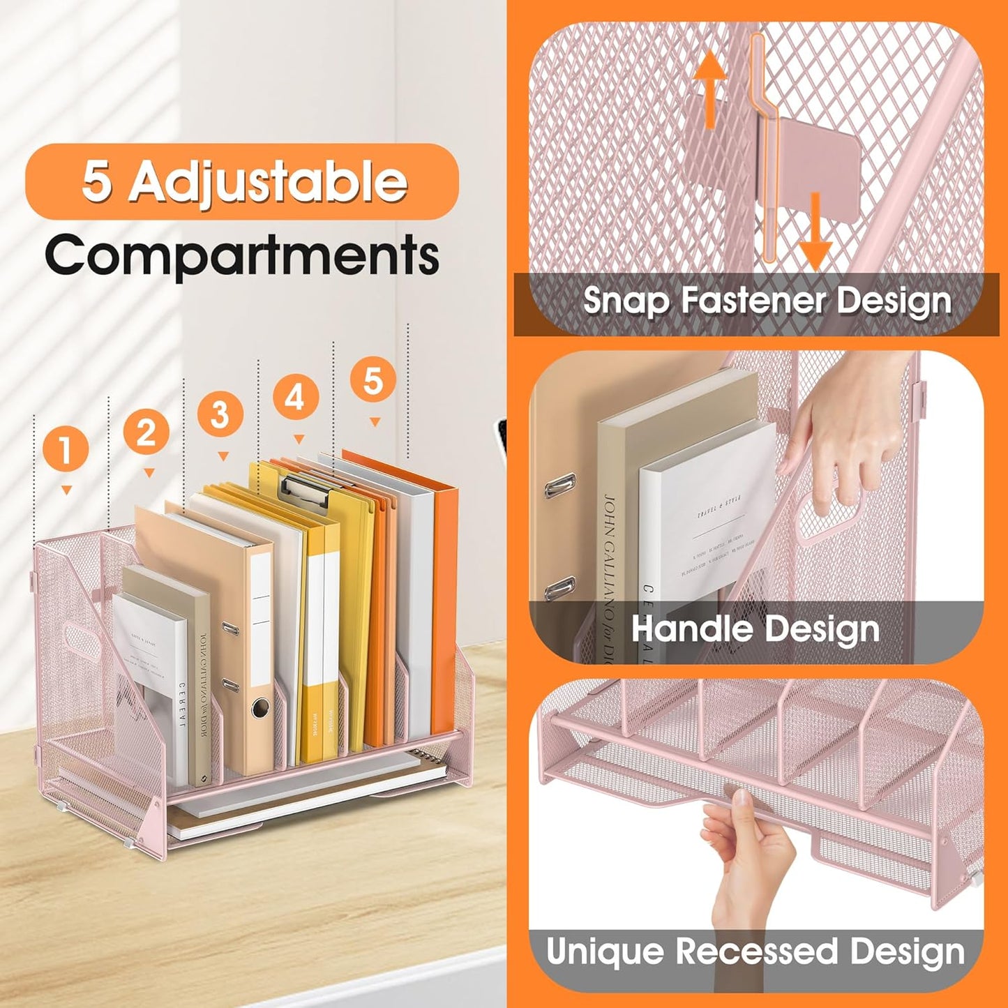 Desk File Folder Holder Organizer-5 Vertical Compartments Racks and Paper Letter Tray,Mesh Magazine File Holder Sorter,Desktop Accessories & Workspace Organizers for Home,Office,School-Pink