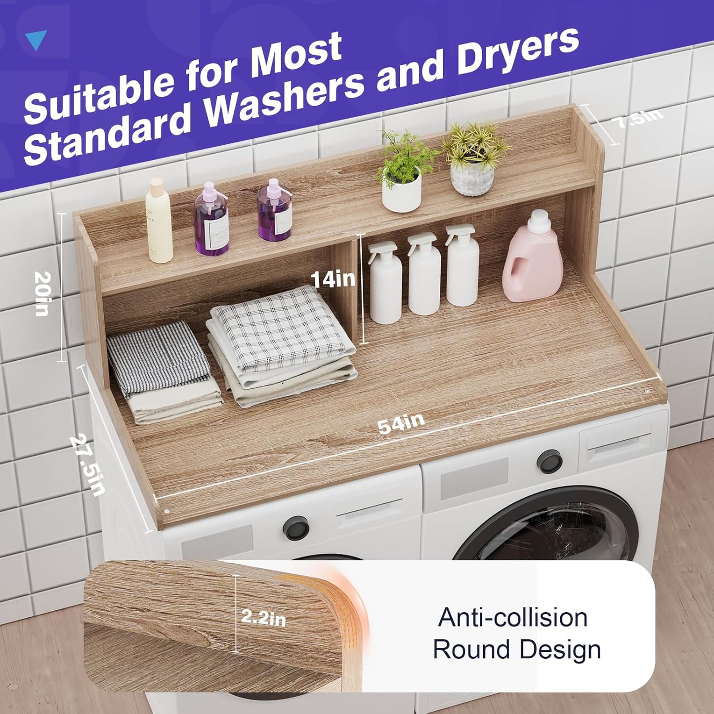 Washer Dryer Countertop with 2 Tier Shelf, 27.5" W × 54" L Laundry Wood Countertop with Edge Rails for Laundry Room Organization and Storage (Oak)