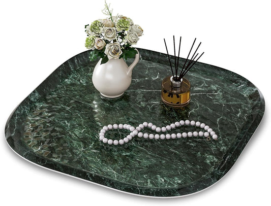 Vanity Decorative Glass Tray,12" x 12" Green Marble Pattern Perfume Tray, Bathroom Tray Countertop Organizer for Soap Towel, Jewelry, Candle