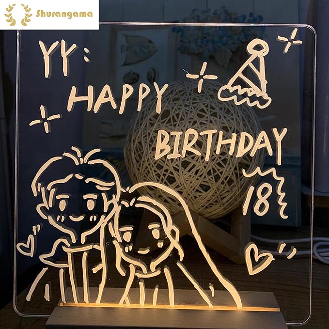 LED Note Board with Colors 12-Color Illuminated Acrylic Drawing Board - Dry-Erase Night Light with Stand for Home/Office/Gift/Festival (7.9" W x 7.9" H)