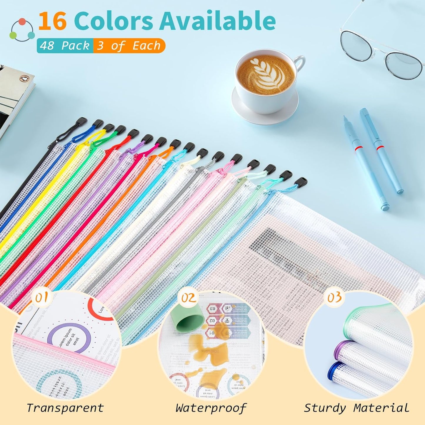 Umriox A4-48P 48pcs Mesh Zipper Pouch Bags, 16 Color, Clear Zipper Pouches for Organizing, Office, Home, Travel