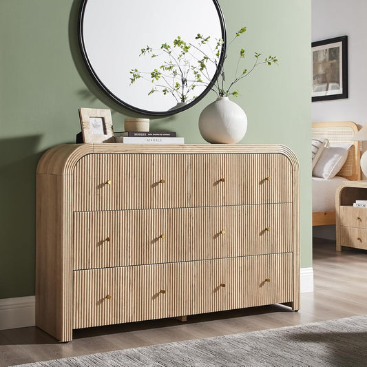T4TREAM Fluted 6 Drawers Dresser for Bedroom, 54" Wide Modern Chest of Drawers with Thickened Curved Profile Design, Wood Dressers TV Stand for Bedroom, Living Room, Hallway, Natural Oak