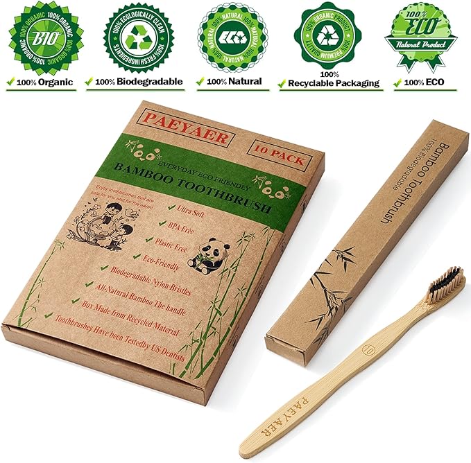 10 Count Bamboo Toothbrush (Soft+Medium) Charcoal Toothbrushes, Natural Wood Toothbrush, Reusable Travel Toothbrushes
