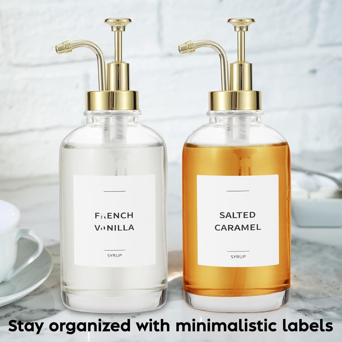 Coffee Syrup Dispenser with Pump - Includes 24 Flavor Labels - Glass Syrup Dispenser for Coffee Bar - Elevate your Beverage Station with 16.9 fl oz Flavoring Container Bottles, 4pcs, Gold