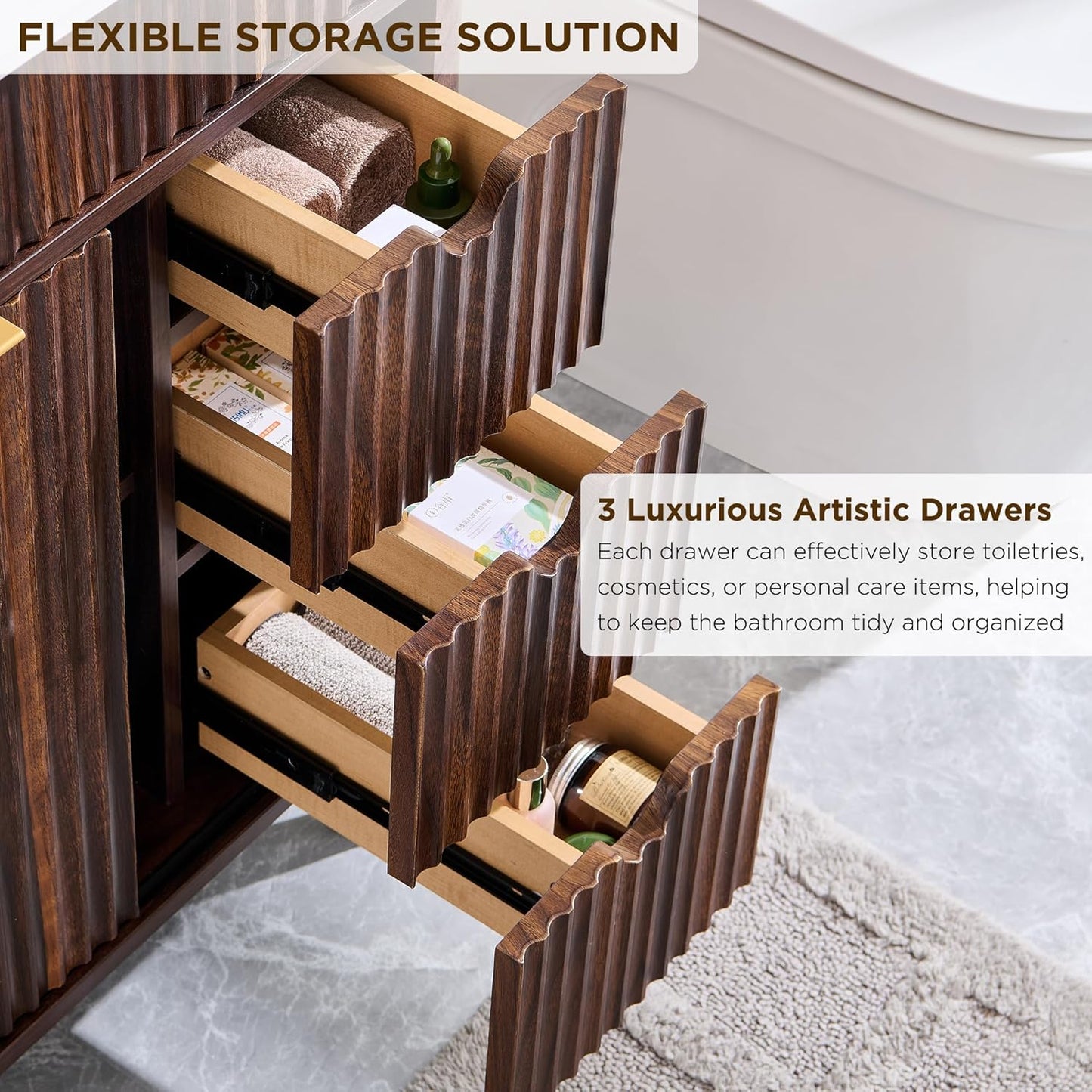 T4TREAM 24" Fluted Bathroom Vanity with Ceramic Sink Combo，Freestanding Small Modern Bathroom Storage Vanity Cabinet with Sliding Door & 3 Drawer，Wood Grain Texture，Metal Handle，Dark Walnut