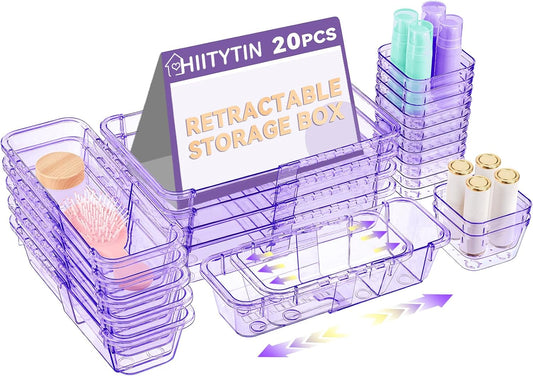 20 Pcs Adjustable Clear Drawer Organizer, Extendable Vanity Storage Bins, Desk Drawer Organizer Set for Makeup, Cosmetics, Bedroom, and Gadgets, Purple