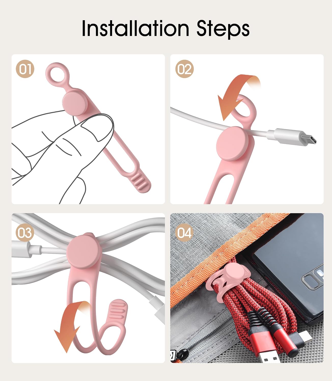 24Pcs Nearockle Silicone Cable Ties 3Inch Cord Organizer, Reusable Small Zip Ties Cable Organizer for Charging Cords Earphone Computer Wire, Office Desk Cable Management Travel Accessories(4 Colors)