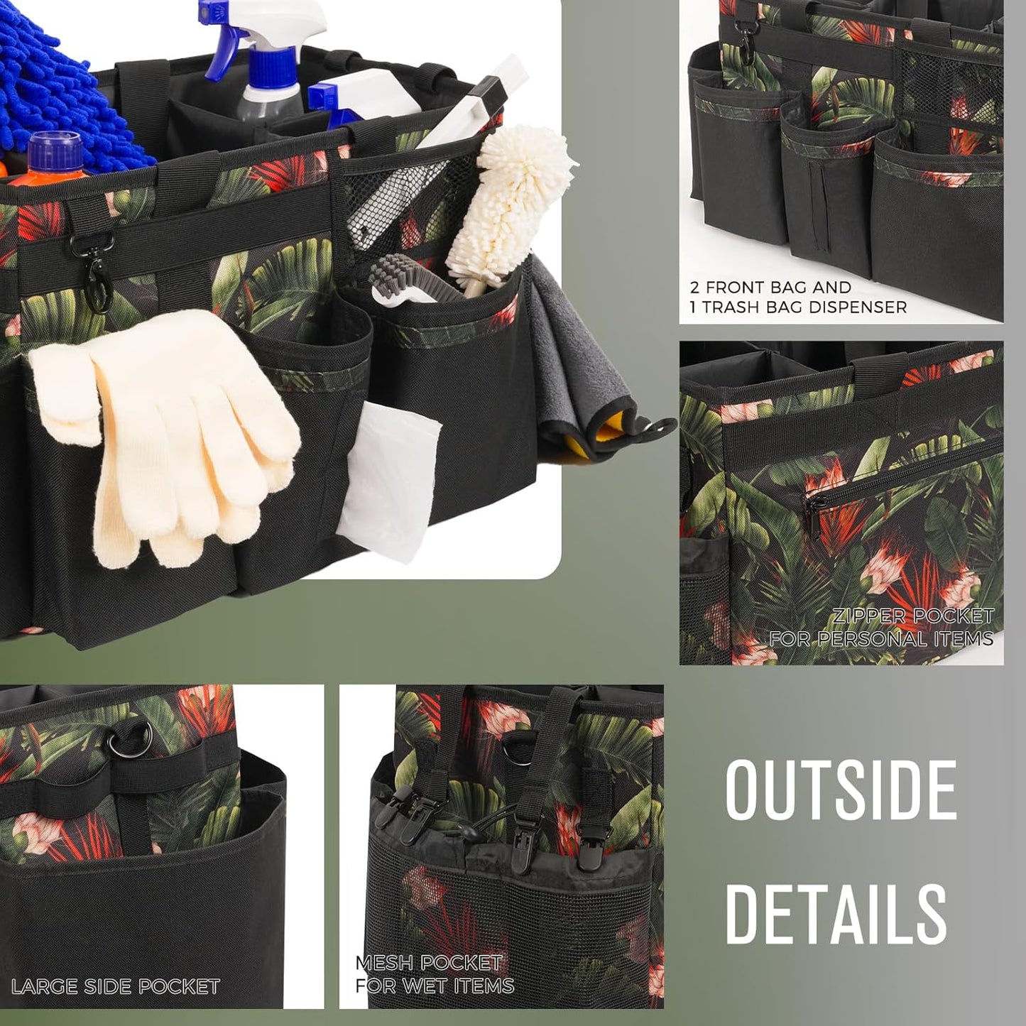 Wearable Cleaning Caddy, Cleaning Caddy Supplies Organizer with Handle & Shoulder Straps for Housekeepers, Under Sink & Car Cleaning Tool Organizers Bag with 4 Foldable Divider (GreenBush)