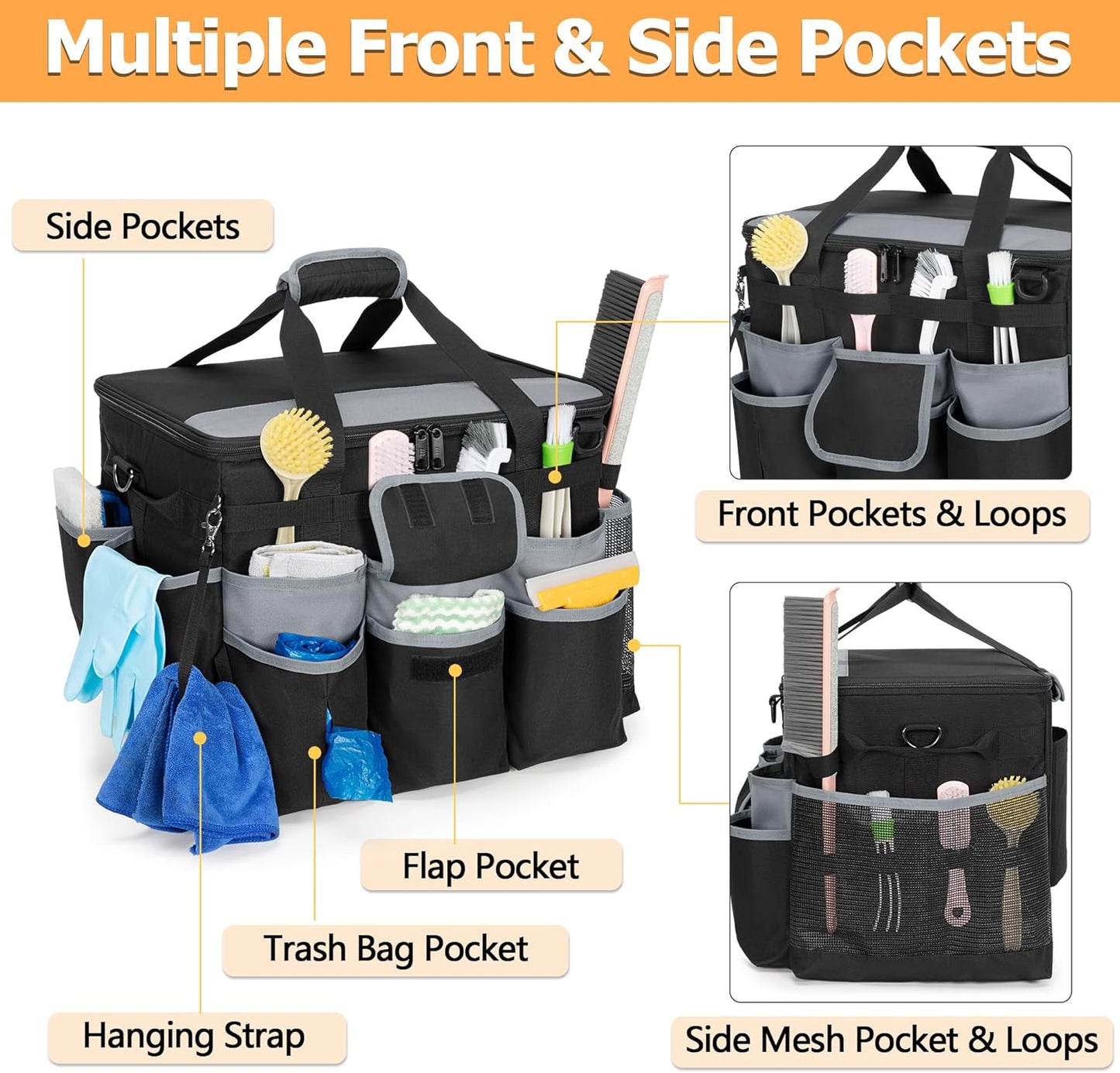 Large Rolling Cleaning Caddy with Detachable Trolley & Lid, Cleaning Cart on Wheels with Shoulder Strap & Handles, Cleaning Supplies Organizer with Multi Pockets for Cleaning Tools Storage