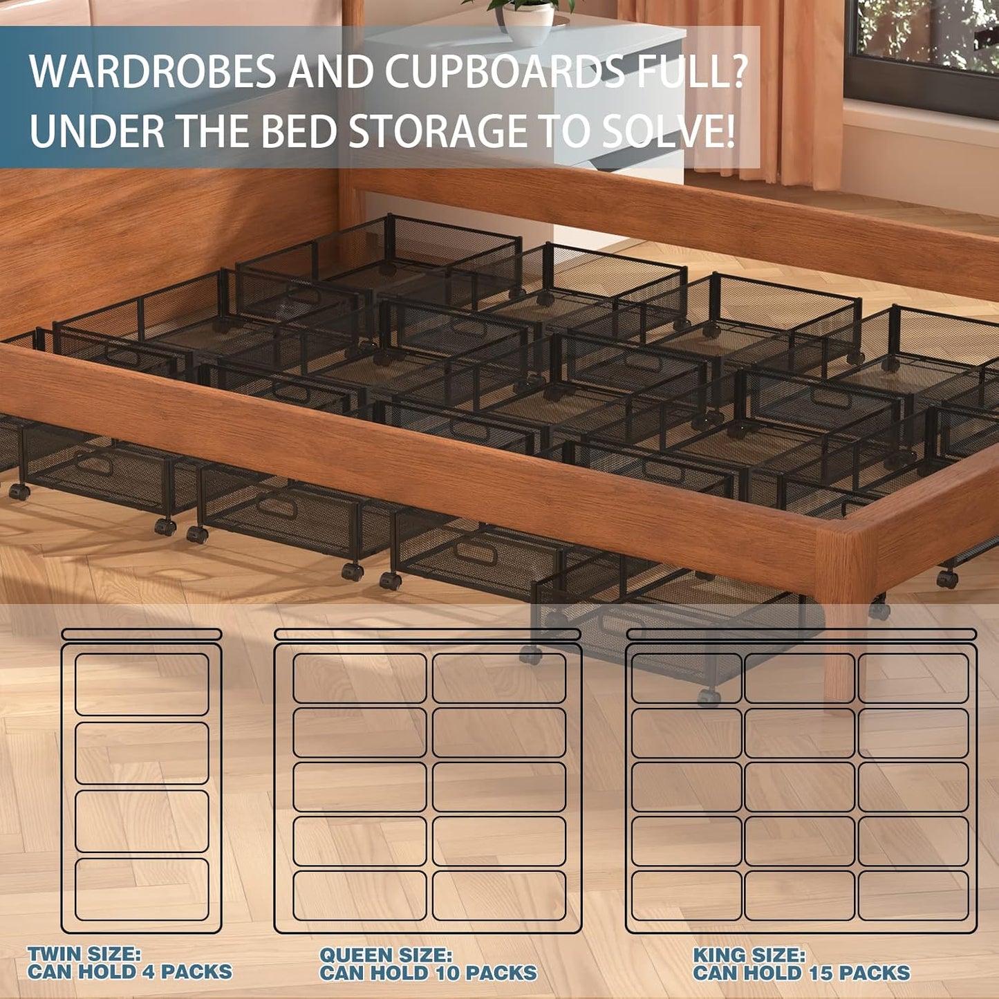 Foldable Bedroom Storage Organization with Handles - Under Bed Storage Containers with Wheels - Bins Drawer for Clothes, Blankets and Shoes