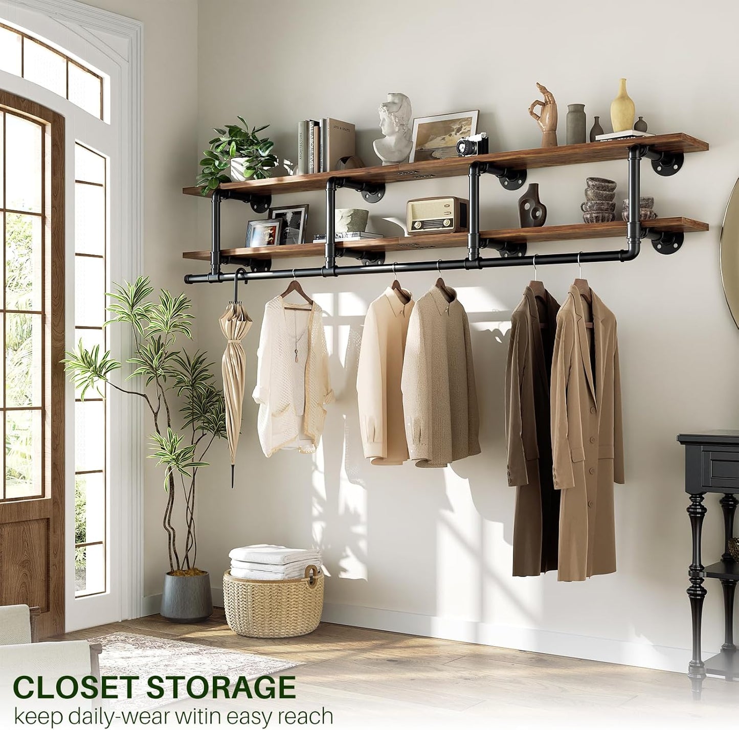 Aheaplus Industrial Pipe Clothes Rack with Top Shelf, 73In Space-Saving Wall Mounted Clothing Rack, 2 Tiers Heavy Duty Pipe Clothing Shelves with Hanging Rod for Laundry Room, Closet, Rustic Brown