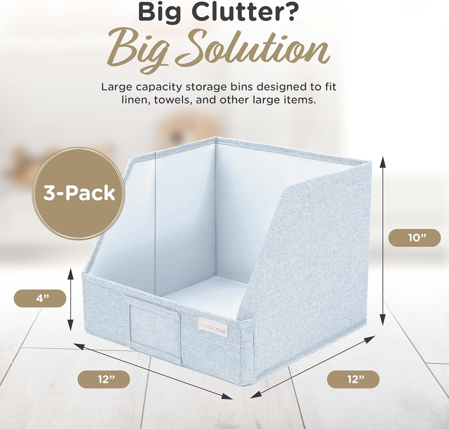 Trapezoid Storage Bins – 12"x12"x10"x 4" Closet Shelf Organizer & Baskets, Fabric Storage Baskets, Collapsible Organizer Boxes for Towels, Baby Clothes, Spring Wardrobes – Light Blue, 3 Pack