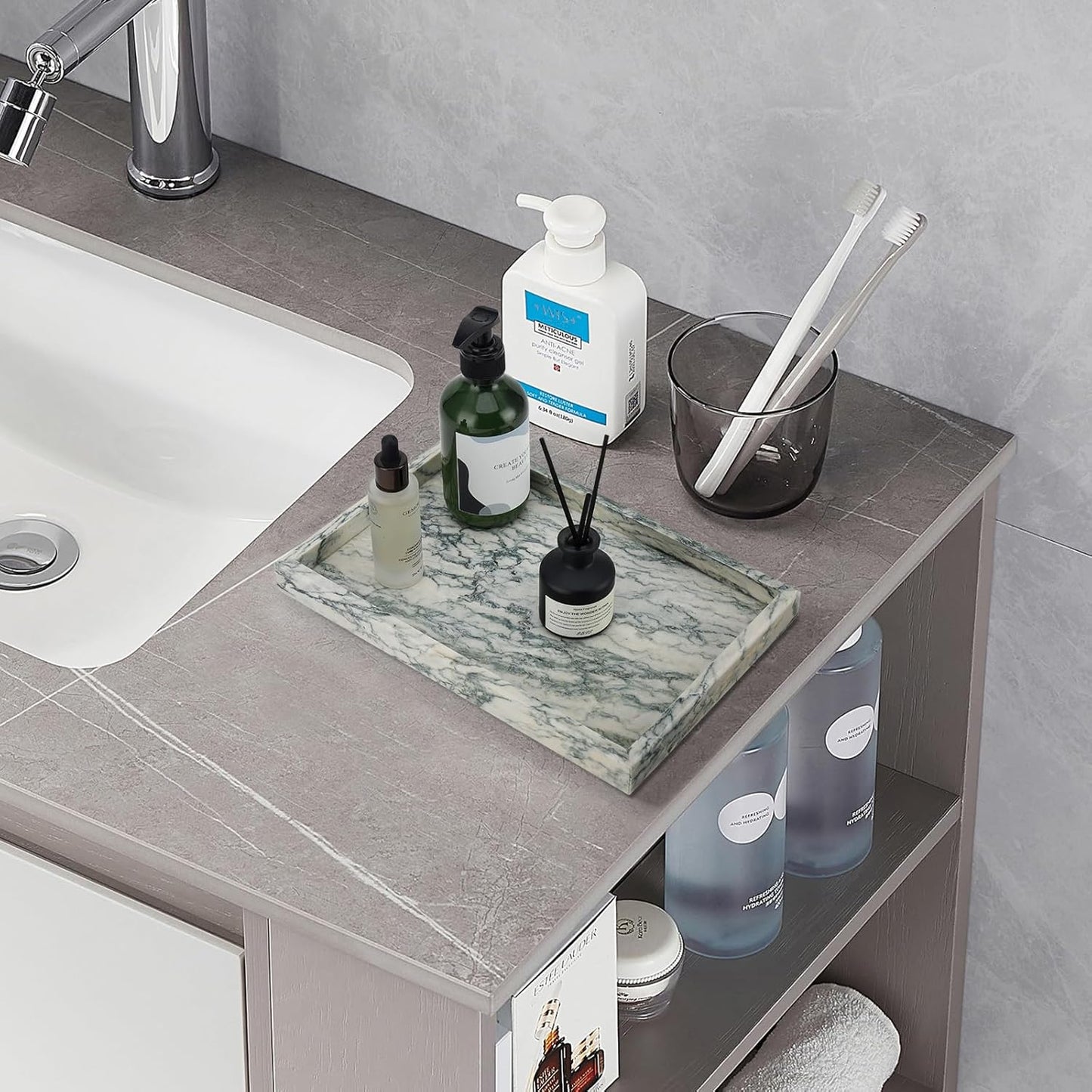 Real Natural Marble Tray for Bathroom, Vanity, Kitchen and Desktop, Rectangle Genuine Marble Stone Tray for Jewelry, Cosmetics, Candles, Lotion, Perfume and Home Decor Cyan Green