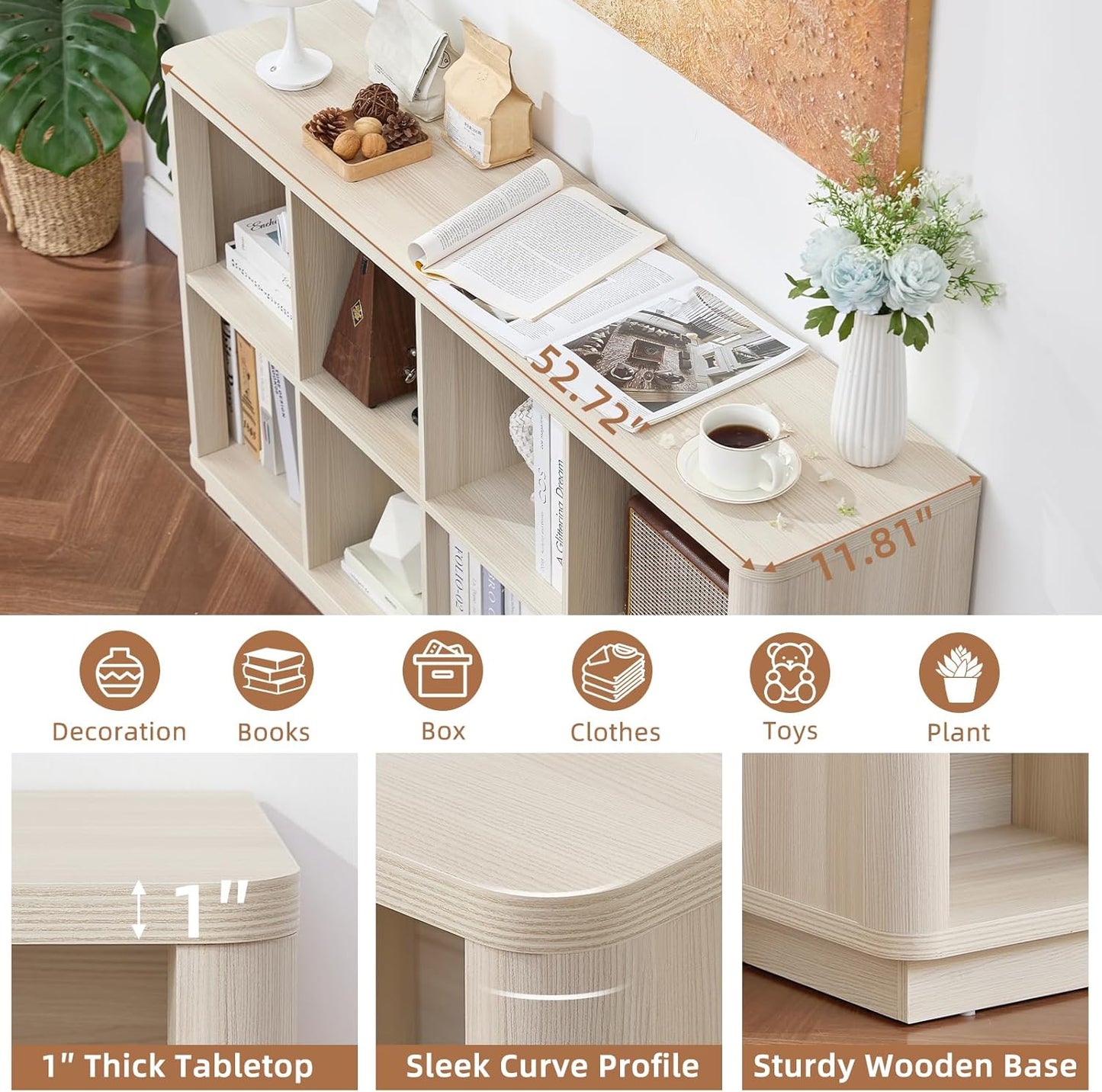 8 Cube Storage Bookcase, 52" Long Horizontal Book Shelf w/Curved Edge, Wooden Floor Standing 2-Tier Cubby Console Bookshelf with Base, Modern Low TV Stand for Living Room, White Cream Oak