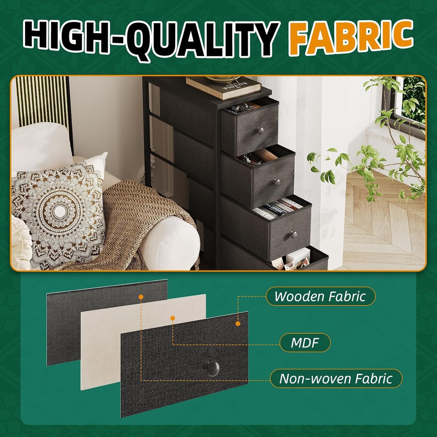 Narrow Dresser, 19" Wide Narrow Nightstand Dresser Storage Tower with 5 Drawers, Slim Fabric Dressers Chest of Drawers for Small Spaces, Wood Top & Fabric Bins for Bedroom Bathroom Closet (Black)