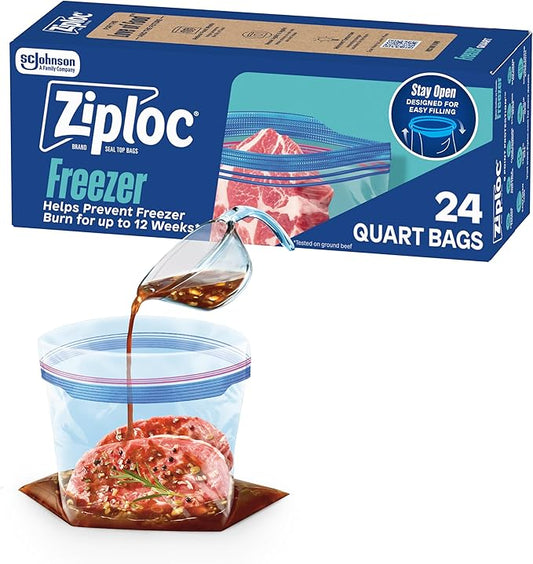 Ziploc Quart Food Storage Freezer Bags, Stay Open Design, Easy to Fill, 24 count (Packaging May Vary)