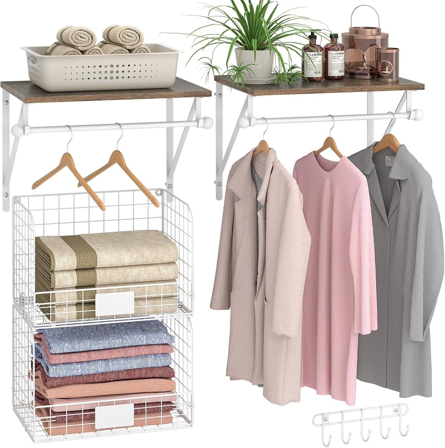 2 Set Laundry Room Shelves Wall Mounted with Wire Storage Baskets, Over Washer and Dryer Shelves with Hanging Rods and Hooks, Wire Shelves for Laundry Organization and Storage, White, Wooden