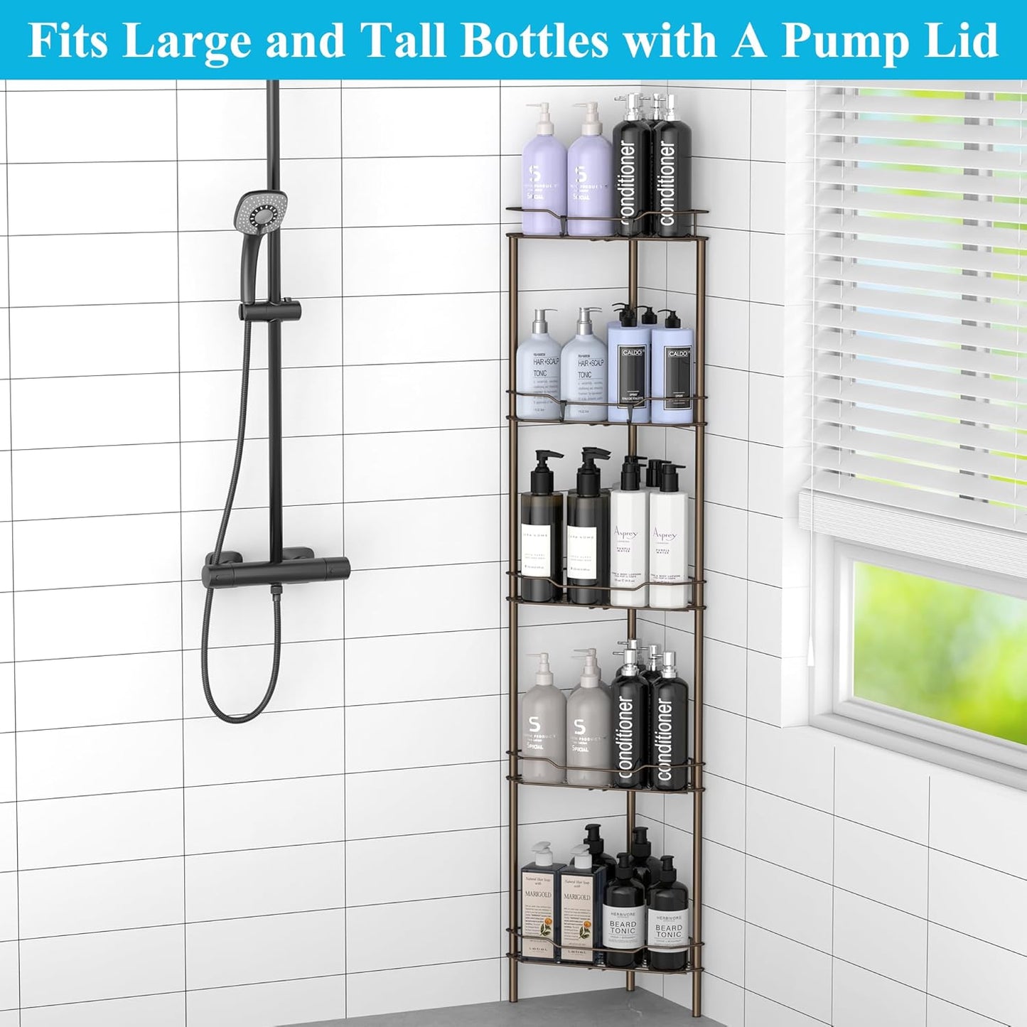 5 Tier Floor Standing Corner Shower Caddy Organizer Shelf with Hooks, Bathroom Shelves Stand Rack, Bronze