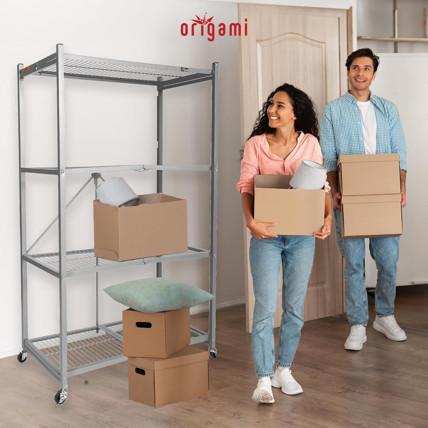 Origami 4-Tier Storage Shelves on Wheels, Steel Shelving Holds 1000 pounds, Heavy Duty Garage Storage & Organization, Closet Organizer, Utility Shelf