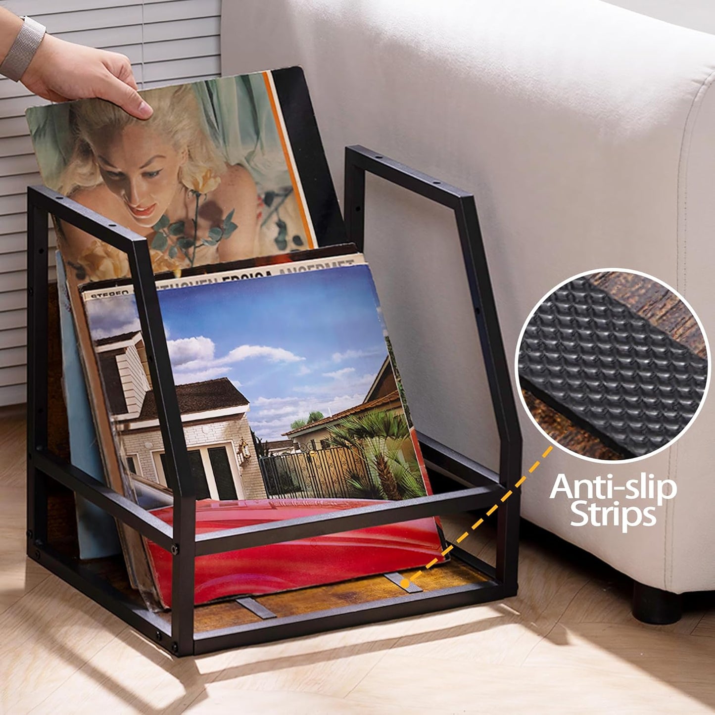 Y&M 2 In 1 Vinyl Record Storage Crate, 2 Pack Wood LP Holder, Wall Mount or Desktop Metal Album Organizer, Holds 80+ Records, Multifunctional Stackable Magazine Display Shelf, Brown