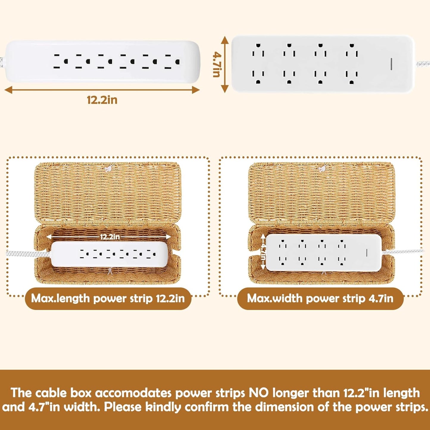 Cable Management Box, Handmade Imitation Rattan Cord Cable Organizer, Open Slots Cords Hider Box Cord Basket Under Desk Cord Organizer for Computer Router USB Hub & Power Strip