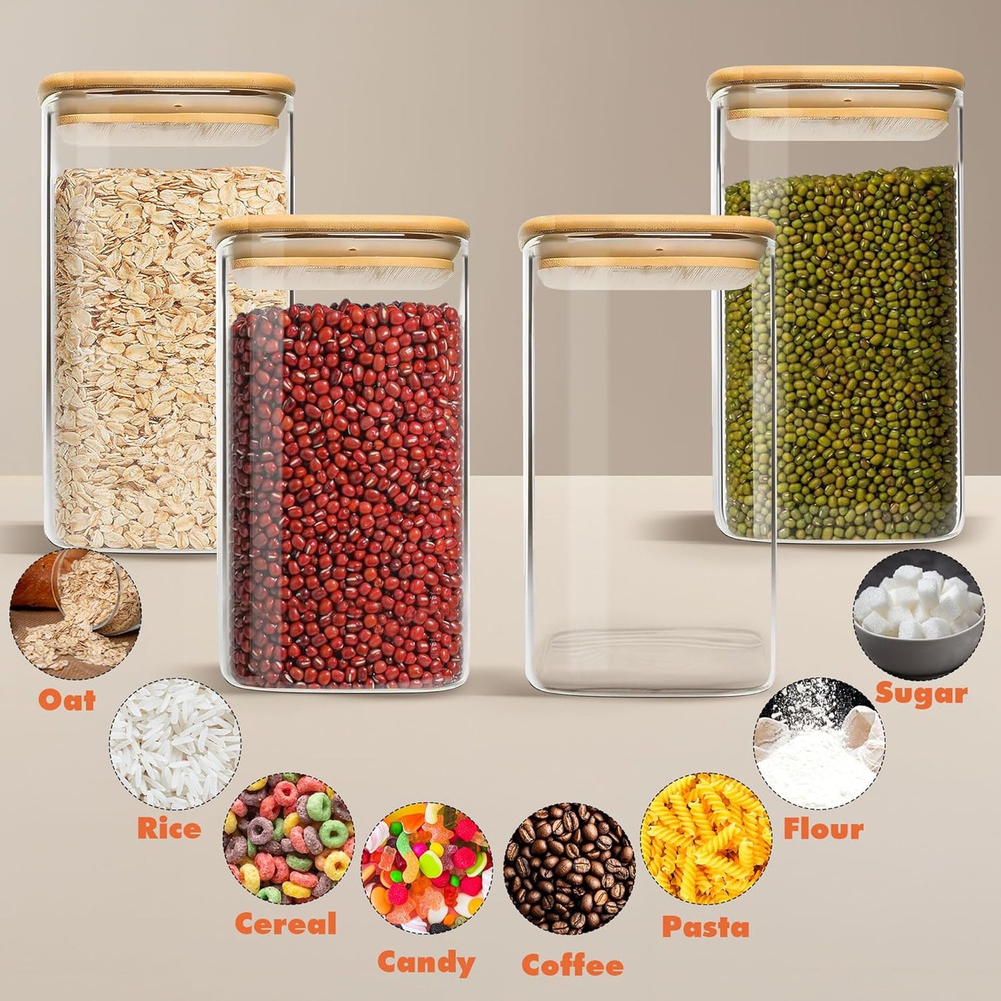 Glass Storage Containers with Airtight Bamboo Lids Set of 3,Pantry Food Glass Jar with Lid,Perfect for Kitchen Organization-Flour,Rice,Pasta,Sugar,Coffee Beans,Accessories Included (3 packs(68oz))