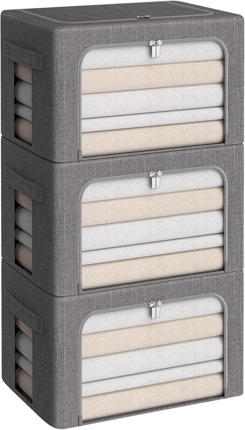 3Pack Foldable Storage Bins - Frame Storage Box Linen Fabric Stackable Clothes Container Organizer with Clear Window & Carry Handles Large Capacity (Medium-36L, Dark Gray)