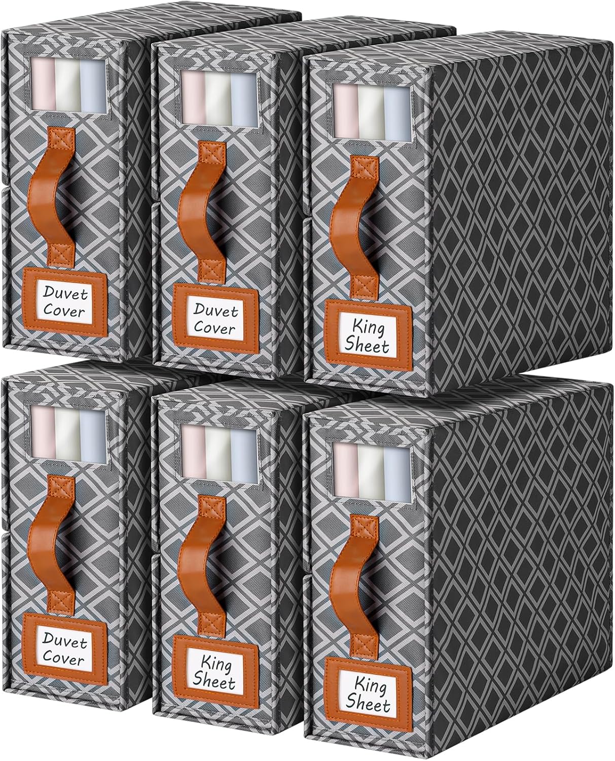 6 Pack Bed Sheet Organizers and Storage, (King & Queen Size) Sheet Organizer for Linen Closet, Foldable Bedding Storage Box with Window for Bedsheets, Duvet Cover and Pillowcase (Dark Grey 6 Pack)
