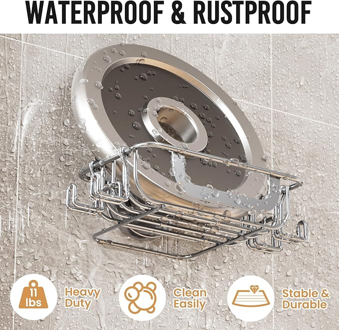 LEVERLOC Bar Soap Holder Dish with Hooks, Soap Tray Suction Cup Wall Mounted for Shower, Stainless Steel Sponge Holder Caddy for Bathroom Kitchen Sink Organizer, Rustproof, Silver