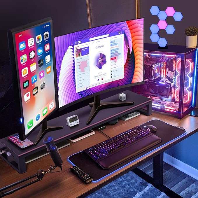 Vaydeer Dual Monitor Stand, Double Monitor Riser with Wireless Charger and 4 USB 3.0 Hub Ports, Metal Desk Raiser for 2 Monitors, PC Screen iMac Studio Display Gaming Office Work Space Saver Organizer