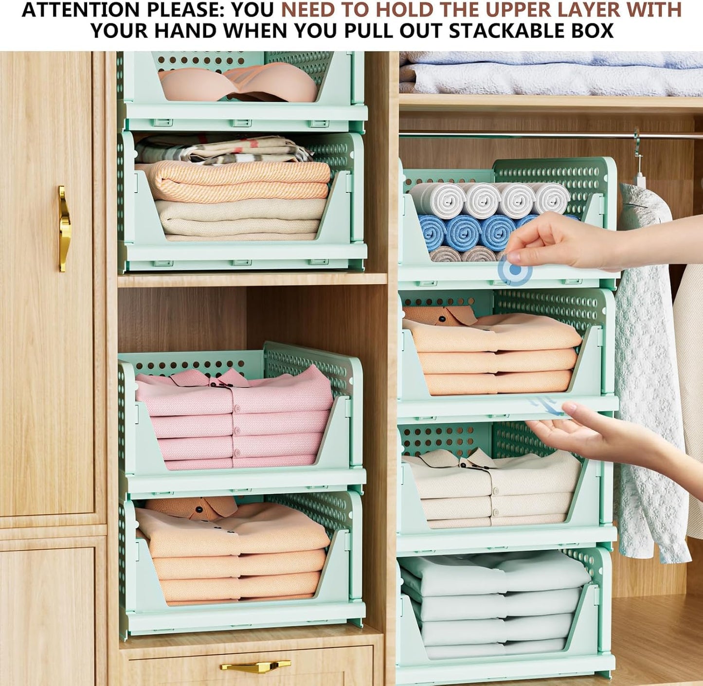 5 Pack Folding Closet Organizers Storage Box, Stackable Storage Bins, Plastic Drawer Basket Closet Storage for Wardrobe Cupboard Kitchen Bathroom Office Green-5L