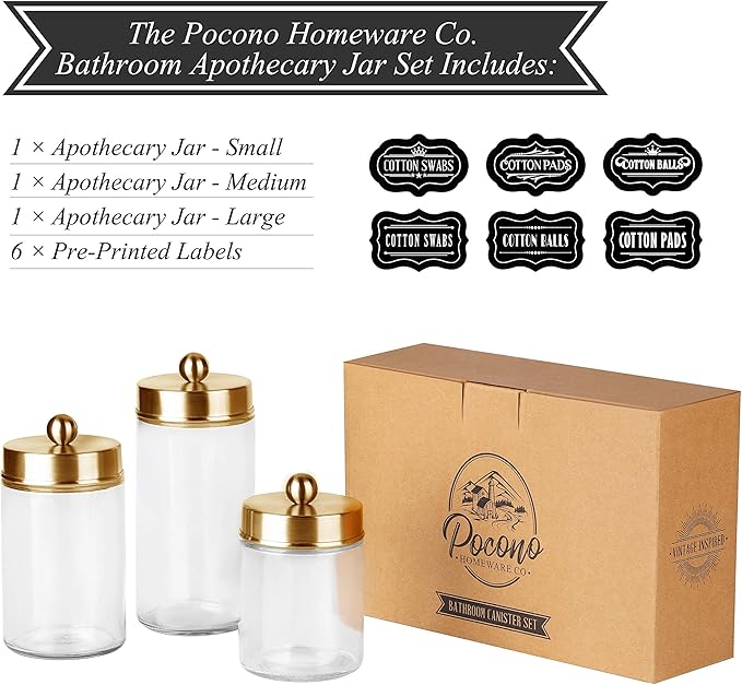 Apothecary Jars 3 Pack - Glass Bathroom Containers with Stainless Steel Lids - Rustic Farmhouse Decor Bathroom Accessories, Vanity Organizer Apothecary Jars for Qtip/Cotton Balls (Gold)
