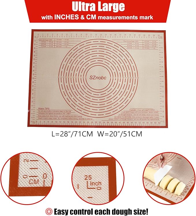 Silicone Pastry Mat 28''By 20'' Nonstick Baking Mats Non-slip Counter Mat for Dough Rolling, Pastry, Pie Crust, Fondant, Cookies, Bread, Pasta, Pizza Mat