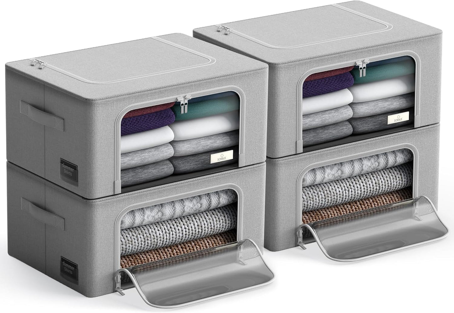 Sorbus Storage Bins with Metal Frame - Stackable & Foldable Clothes Organizer Bags - Oxford Fabric Storage Containers with Large Clear Window & Carry Handles, Bedroom Organization for Bedding & Linen