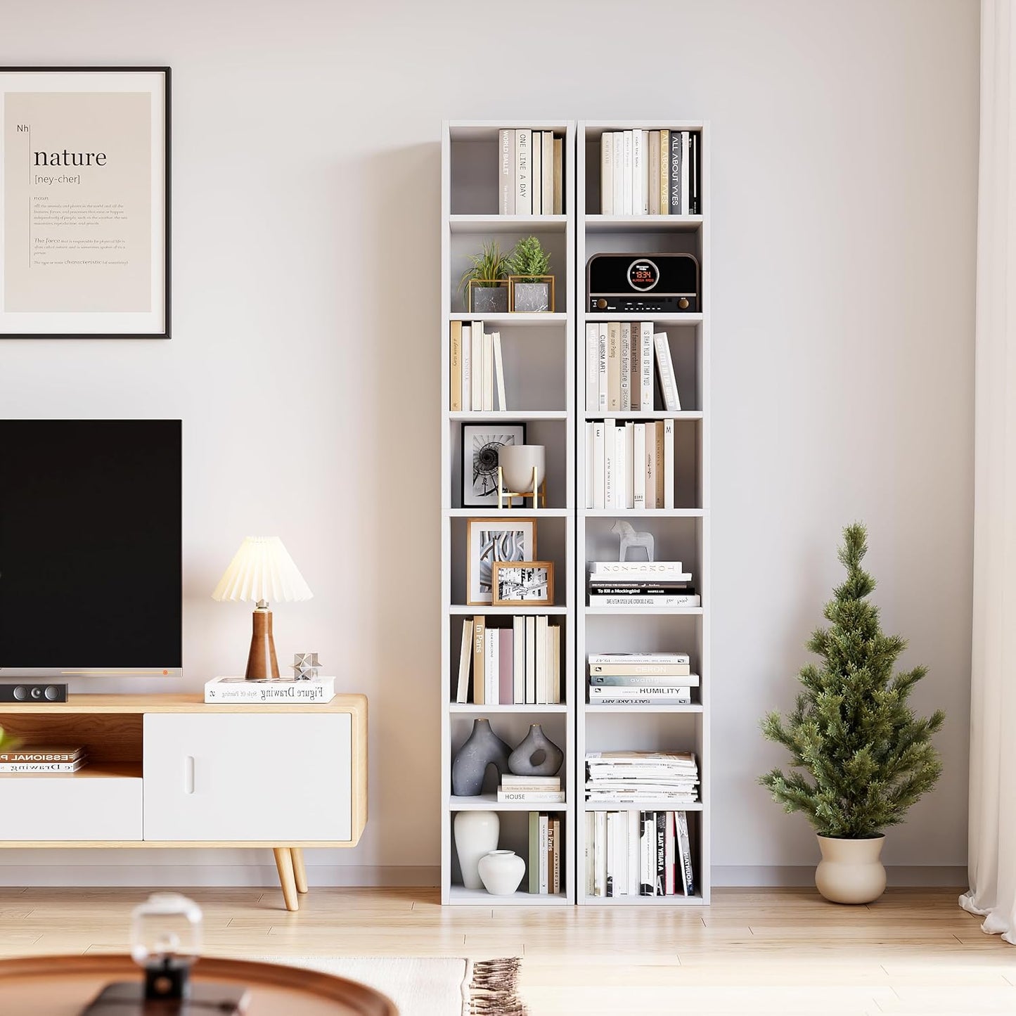 Bamjoy 71 Inches Tall Narrow Bookshelf, 8-Tier CD DVD Slim Media Tower Rack, Corner Bookcase with Adjustable Shelves, Skinny Cubes Bookshelves for Home Office Small Space, White