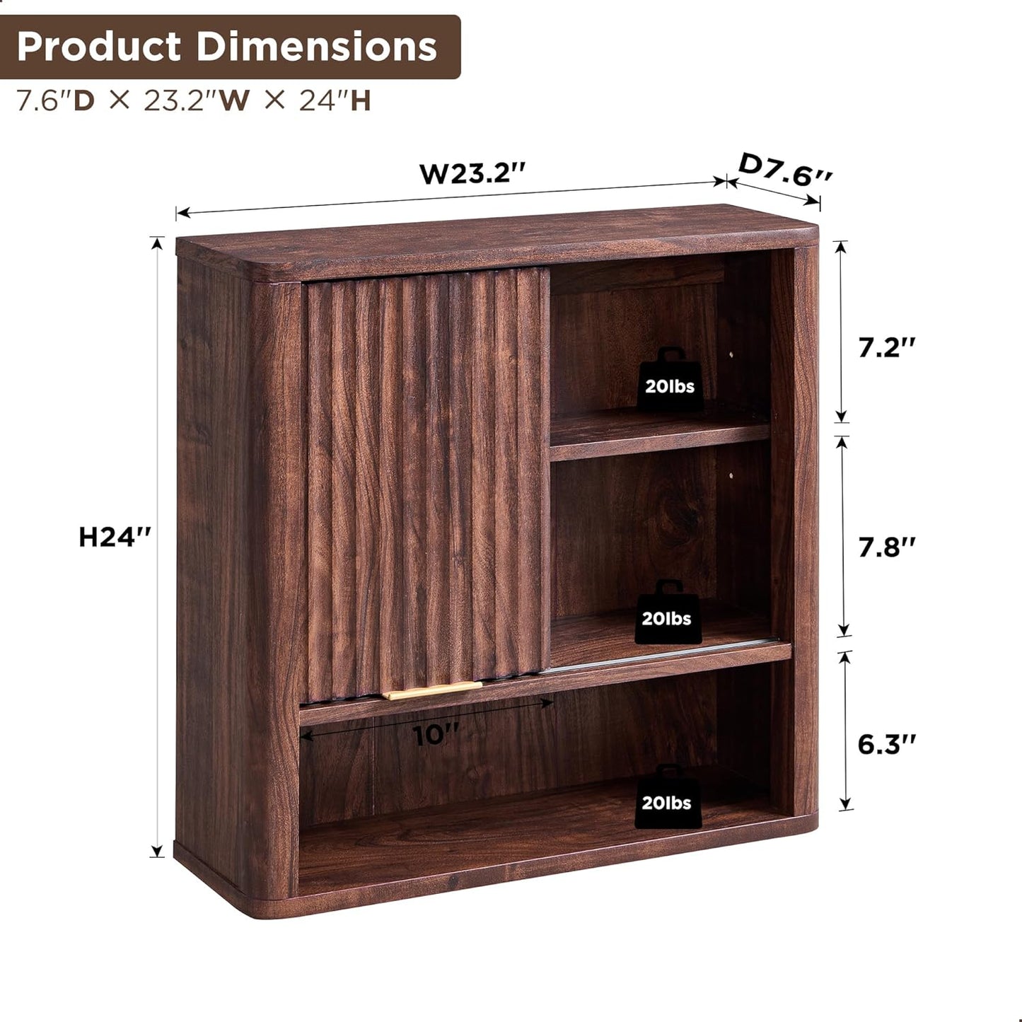 RedLemon Bathroom Wall Cabinet w/Fluted Sliding Door, Modern Medicine Cabinet with Adjustable Shelf, Curved Profile Wall Mounted Storage Organizer, Walnut