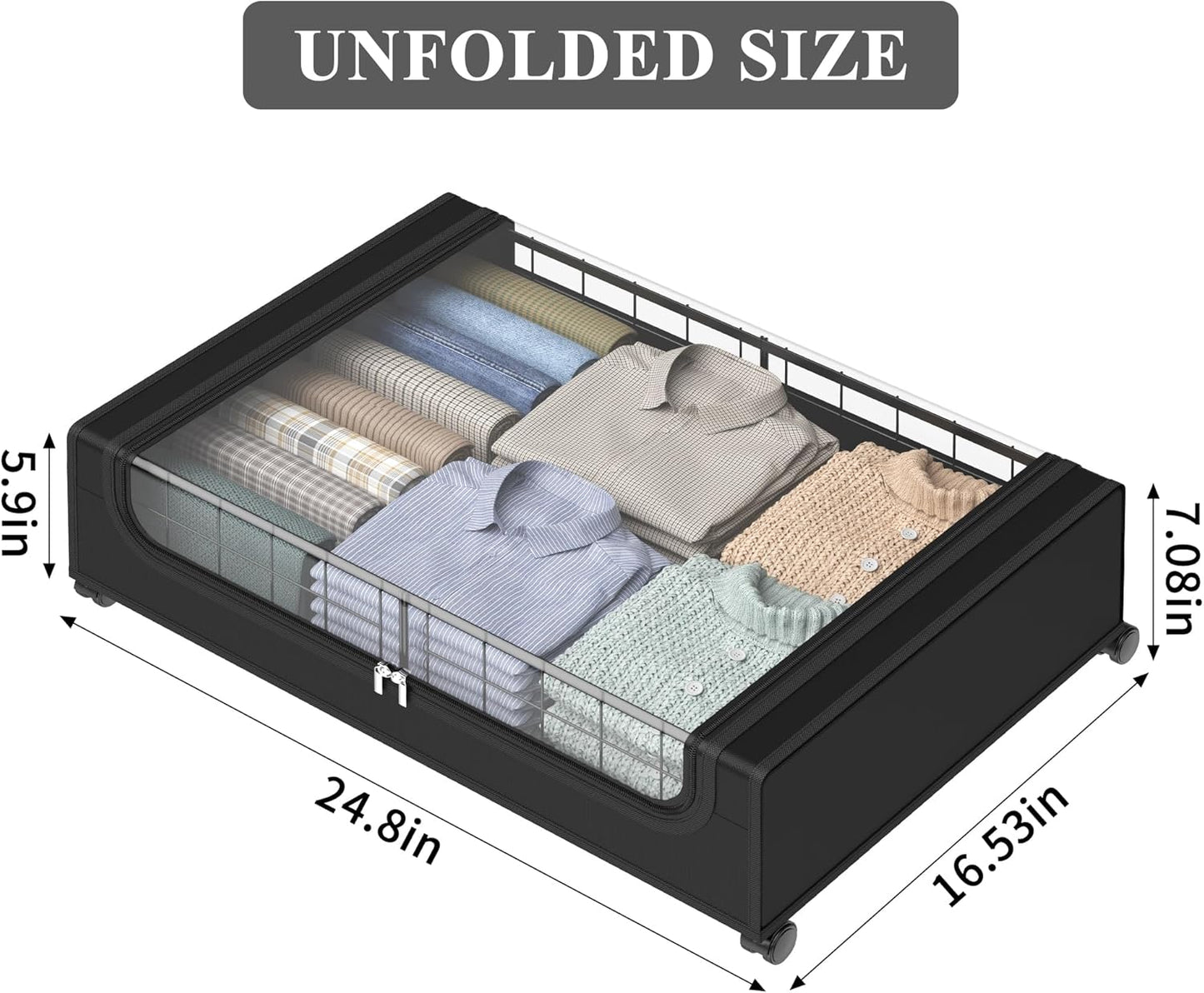 Under Bed Storage with Wheels and Cover, 360° Rolling Under Bed Metal Drawers for Clothes, Blankets, Books and Shoes,Black