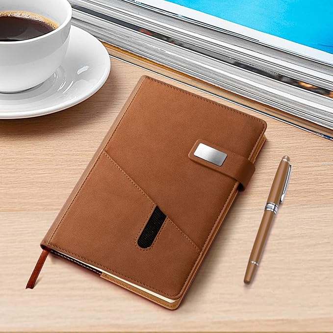 A5 Lined Leather Notebook and Pen Set with Gift Box, 240 Pages Refillable Journal with Pocket and Magnetic Buckle, Hardcover Daily Diary for Men and Women Business Travel Personal Writing- Brown