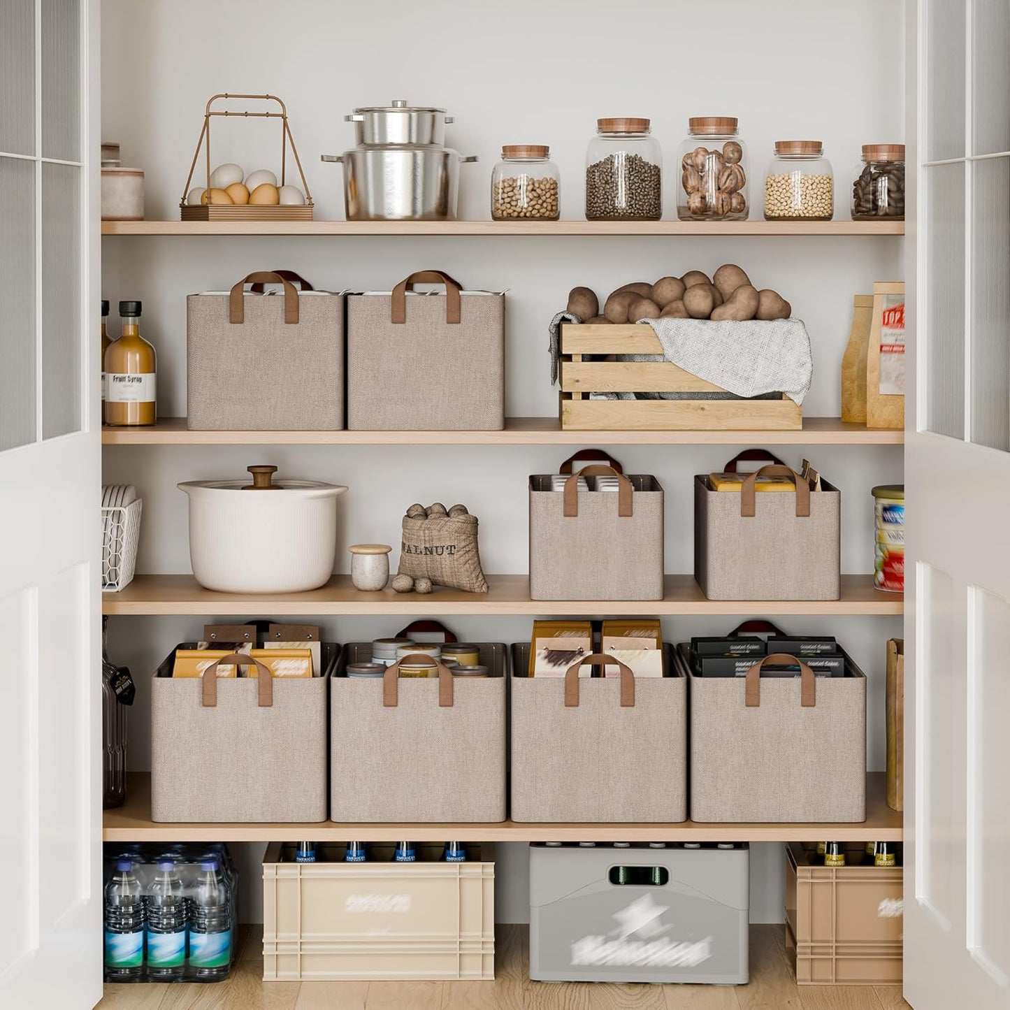 StorageWorks Storage Bins, Fabric Storage Bins for Shelves, Large Storage Baskets with Metal Frame, Closet Baskets and Bins with Handles, Brown and Beige, 2-Pack