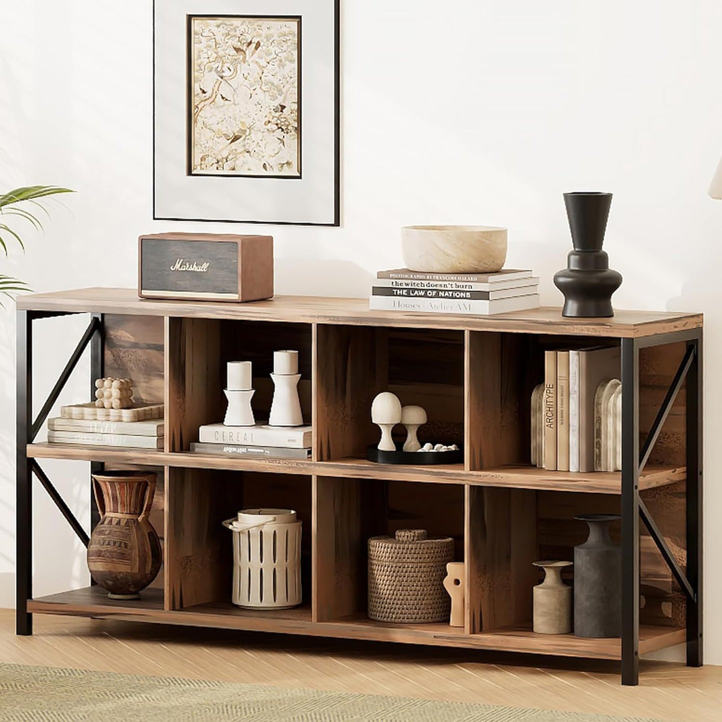 8 Cube Storage Organizer Bookshelf, Industrial Horizontal Bookcase, Accent Cubby Shelf, Media Console Table for Living Room, Home Office, 63 Inches, Light Oak