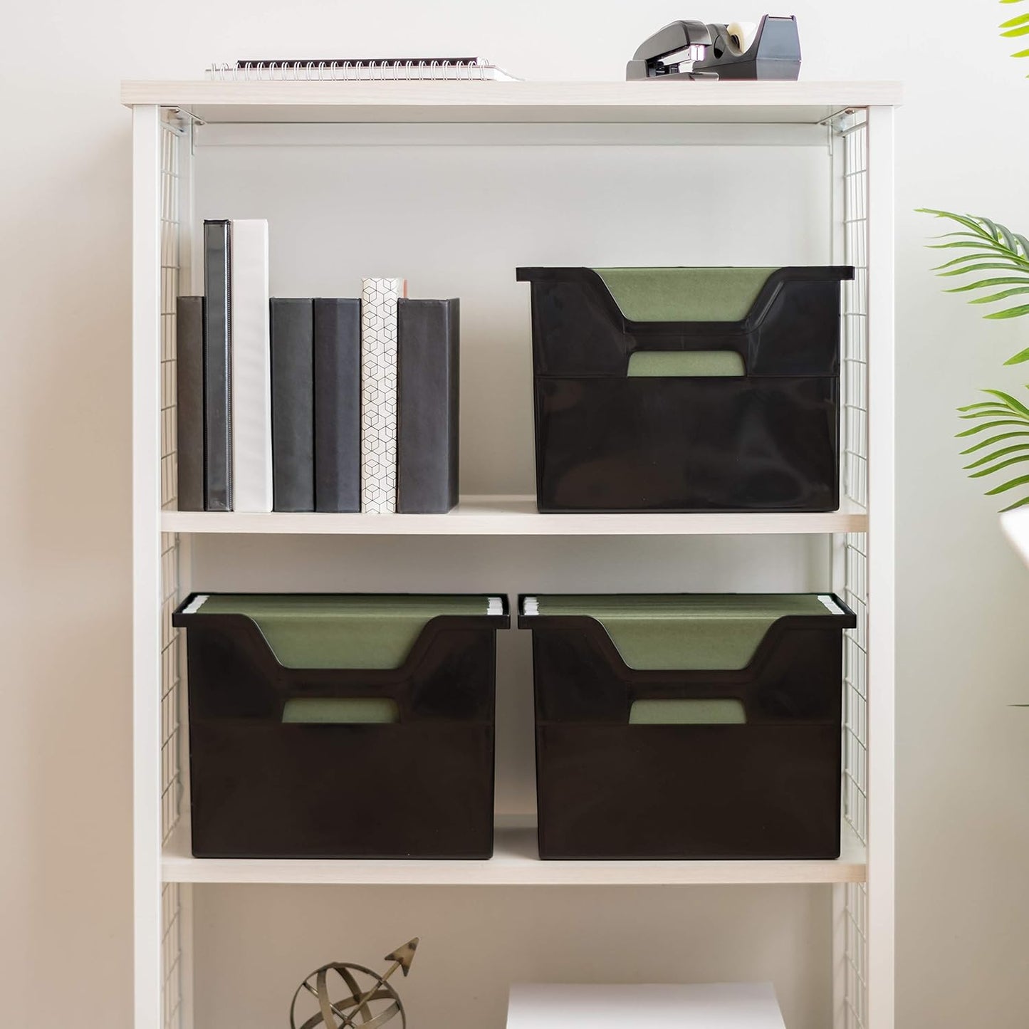 IRIS USA Large Portable Desktop File Box with Open Lid, 4 Pack, Side Handles, Hanging File Folders, Tabs & Inserts, Letter Size, Magazines, Newspapers, Mail, Books, Notebooks, Black