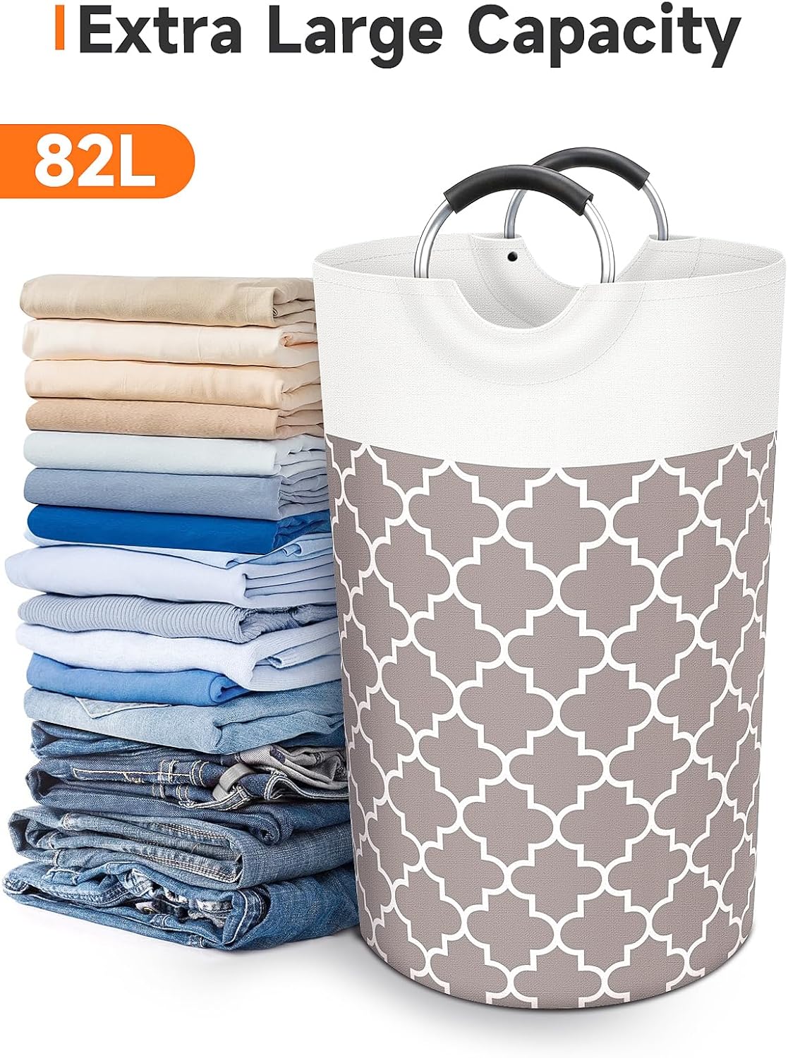 Large Laundry Basket Laundry Hamper Bag Washing Bin Clothes Bag Collapsible Tall With Handles Waterproof Travel Bathroom College Essentials Storage For College Dorm, Family (Khaki)82L