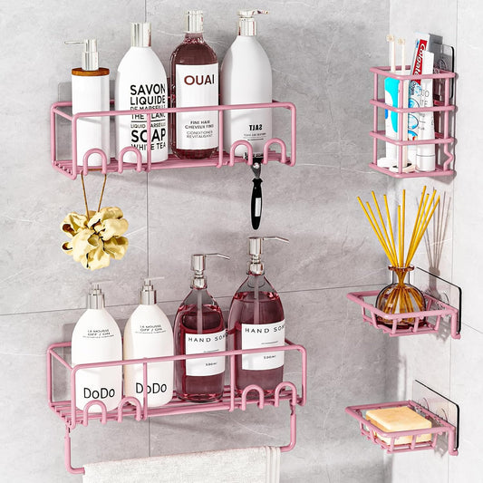 5-Pack Shower Caddy, Adhesive Shower Organizer, No-Drill Space Saving Shower Shelf with Soap Dish, Rustproof Shower Shampoo Holder for Kitchen & Bathroom Storage & Home Decor (Pink)