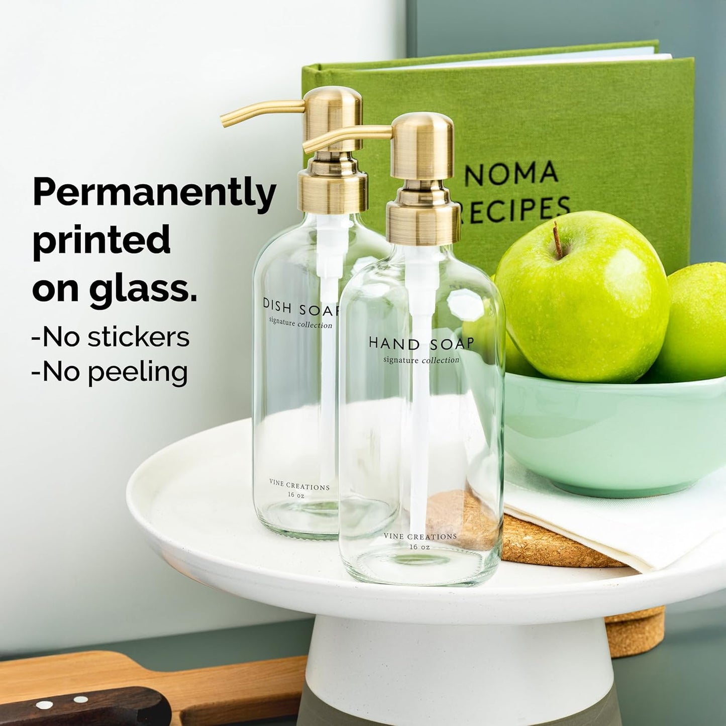 Vine Creations Clear Glass Soap Dispenser Set, Dish Soap and Hand Soap Dispenser Set with Stainless Steel Pump, 16 oz Glass Dispensers for Kitchen Bathroom Decor (Clear Bottle/Brushed Brass Pump)