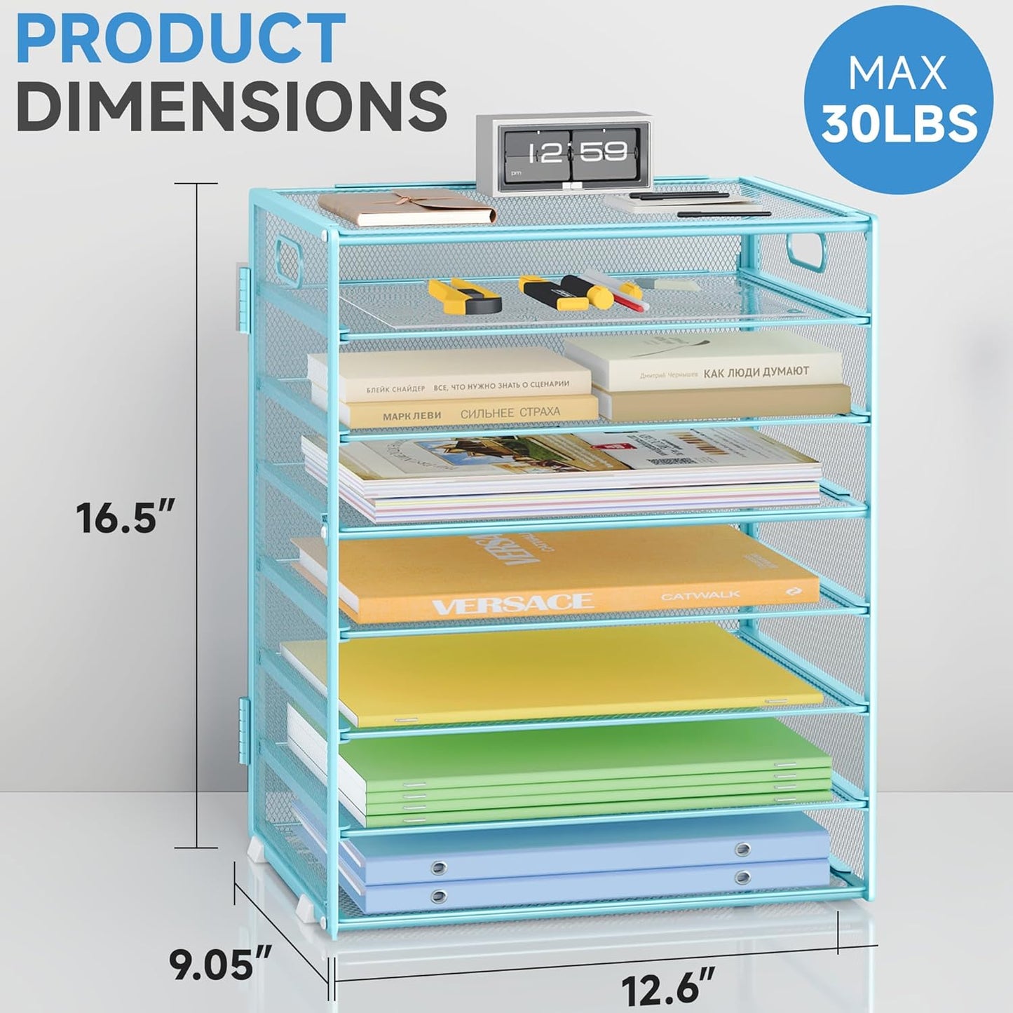 2 Pack 8 Tier Paper Organizer with Handle, Metal Mesh Desk File Organizer, Large Capacity Desk Organizers Paper Letter Tray Desktop Document Sorter for Office, Home or School - Blue