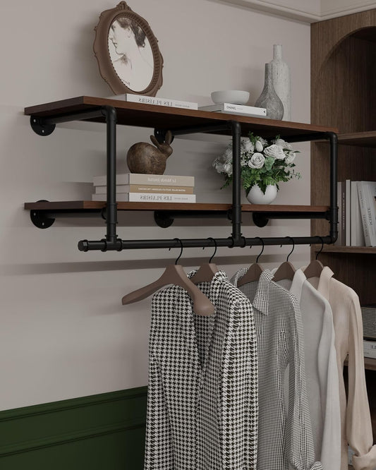Wall Mounted Clothes Rack 12 Inch Deep, 42 Inch Heavy Duty Garment Rack with Real Walnut Wood Shelf, Multi-Purpose Hanging Rod & Space-Saving Closet Storage Organizer