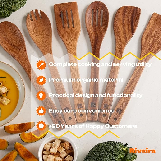 Riveira Walnut Wooden Spoons for Cooking Set of 6 – Natural Walnut Wooden Cooking Utensils, Spatula, Spoon - Premium Quality Utensil Set for Non-Toxic Cooking